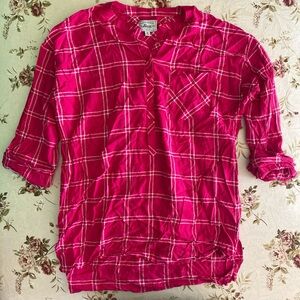 Bright Pink Plaid Roll-Sleeve Tunic Top